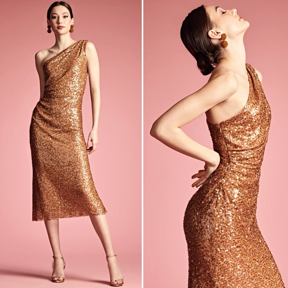 Sachin & Babi Carmen Sequin One Shoulder Raw Hem Dress in Honey size 8